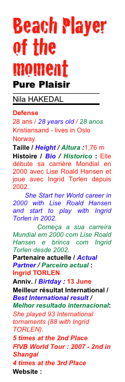 Beach Player of the moment 
Pure Plaisir
￼
Nila HAKEDAL
￼
Defense28 ans / 28 years old / 28 anosKristiansand - lives in OsloNorwayTaille / Height / Altura :1,76 m Histoire / Bio / Historico : Elle débute sa carrière Mondial en 2000 avec Lise Roald Hansen et joue avec Ingrid Torlen depuis 2002.
      She Start her World career in 2000 with Lise Roald Hansen and start to play with Ingrid Torlen in 2002.
      Começa a sua carreira Mundial em 2000 com Lise Roald Hansen e brinca com Ingrid Torlen desde 2002.Partenaire actuelle / Actual Partner / Parceiro actual : Ingrid TORLEN
Anniv. / Birtday : 13 JuneMeilleur résultat International / Best International result / Melhor resultado internacional:
She played 93 International tornaments (88 with Ingrid TORLEN).
5 times at the 2nd Place
FIVB World Tour : 2007 - 2nd in Shangai
4 times at the 3rd Place
Website : www.ingridnila.com